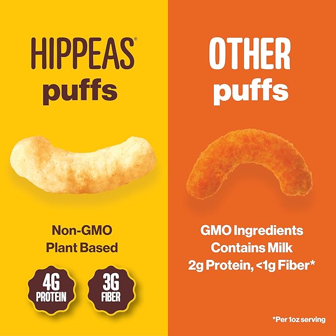 Hippeas Chickpea Puffs, Groovy White Cheddar, 4 Ounce (Pack of 6), 4g Protein, 3g Fiber, Vegan, Gluten-Free, Crunchy, Plant Protein Snacks