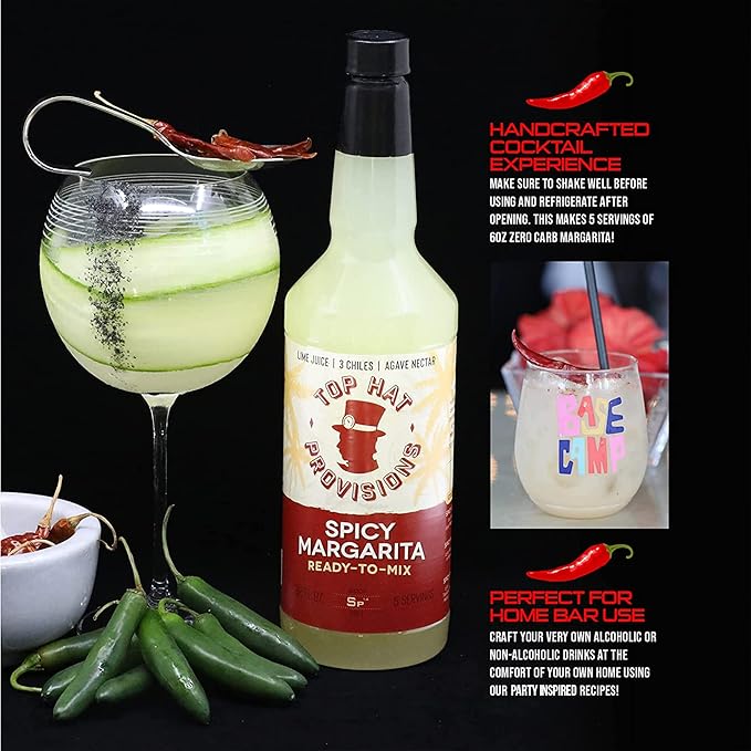 Top Hat Spicy Margarita Drink Mix - Handcrafted with 3 Chiles, Pineapple, Organic Agave Nectar & Organic Lime Juice - Low Calorie/Low Sugar - 32oz Bottle