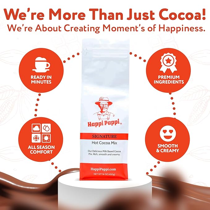 Happi Pappi - Signature Hot Cocoa Mix, Milk-Based Rich Smooth and Creamy Cocoa Powder for Instant Drinks & Baking, Indulgent Chocolate Treats for Cozy Nights - 16 oz Bag