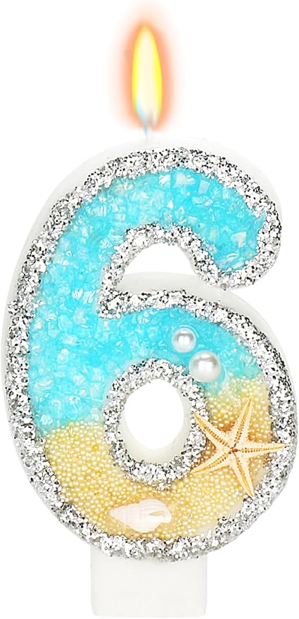 6th Birthday Candle for Cake, Beach Starfish Sequins Candles, 2.76 inch Cake Topper Decoration for Birthday Party (Number 6)