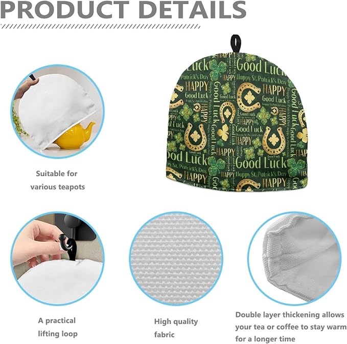 Hudotybom Four-Leaf Clover Tea Cozy for Teapot Insulated Large Teapot Cover to Keep Warm Tea Kettle Cover Machine Washable Coffee Pot Cloth Covers St Patrick Day Decorations