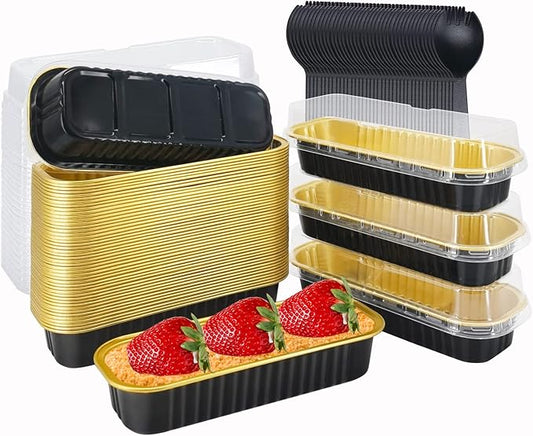 LNYZQUS Aluminum Foil Mini Loaf Pans with Lids 50 Pack, 6.8oz Rectangle Baking Cups Muffin Tins,Disposable Baking Tins Mini Baking Pans Holders -Black In Gold