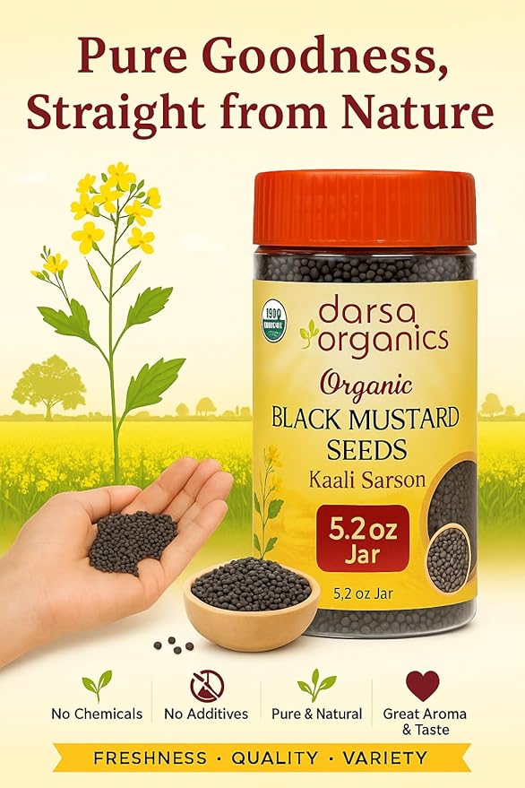Darsa Organics Black Mustard Seeds 5.3 oz - Premium Quality USDA Organic Certified Black Mustard Seeds for Pickles, Curries, & Spice Blends, Non-GMO, Gluten-Free, Kosher packed in a BPA Free Jar