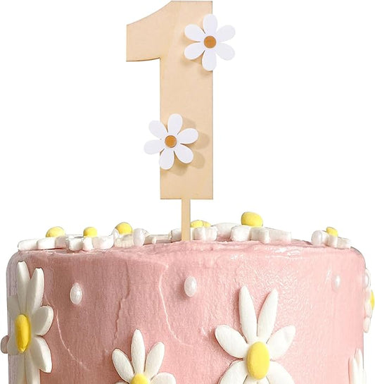 Wooden Daisy Cake Topper for 1st Birthday - Boho, Retro Groovy Party Decor, Wooden Cake Decorating Supplies, First Anniversary
