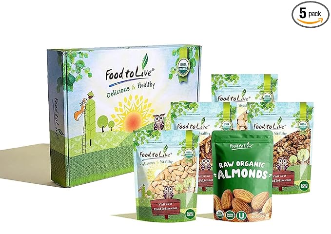 Organic Deluxe Nuts in a Gift Box - A Variety Pack of Pecans, Macadamia Nuts, Cashews, Walnuts and Almonds