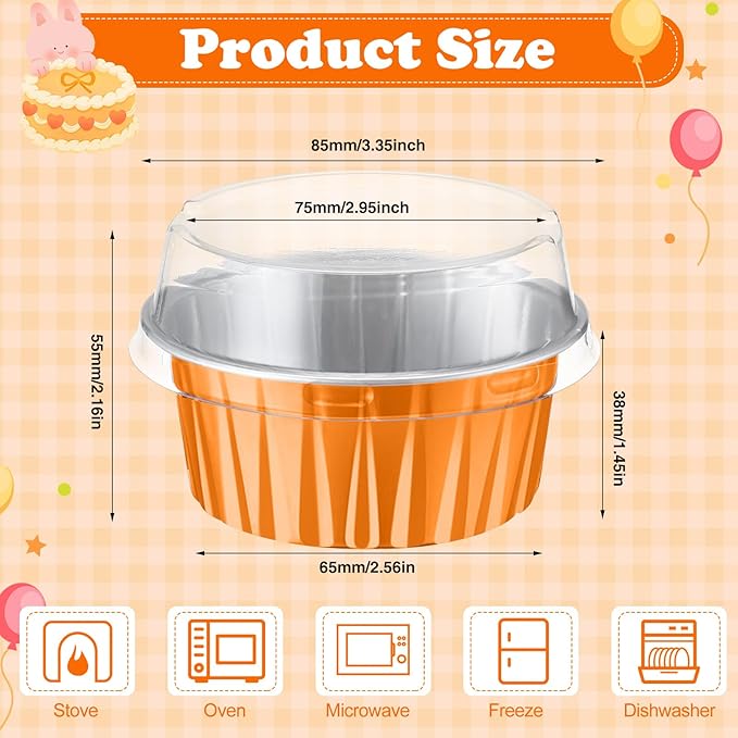 Gejoy 400 Pcs Aluminum Foil Baking Cups with Lids 5 oz Disposable Ramekins Mini Cake Pans Creme Brulee Cupcake Liners Muffin Tins Flan Mold Dessert Container for Wedding(Orange,Classic)