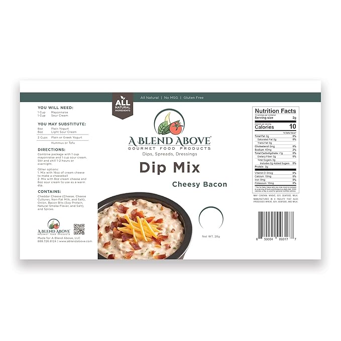 A Blend Above Cheesy Bacon Dip Mix, 3 Packs, 1 oz. Each, Makes 16 Ounces, Gluten-Free, No MSG, All Natural, No Preservatives, Vegan Friendly, Keto Friendly, Vegetable Dip, Chip Dip, Low Carb, Easy to Make