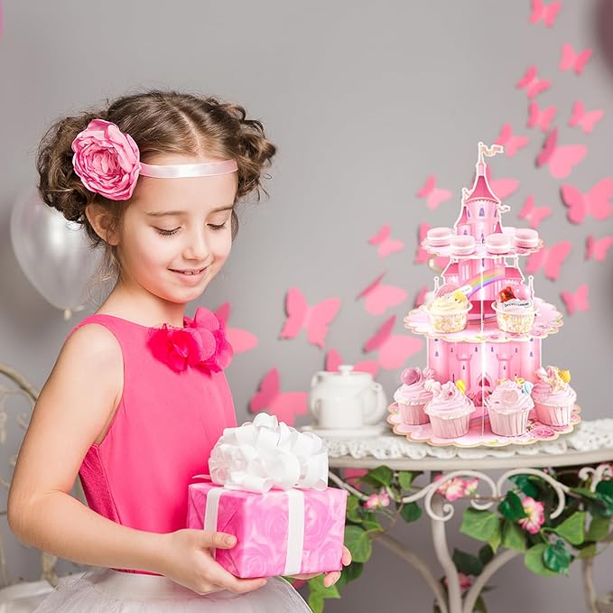 2 Pack Princess Birthday Party Decorations Pink Castle Cupcake Stand Princess Party Decorations Cupcake Holder for Girls Kids Baby Shower Birthday Party Supplies