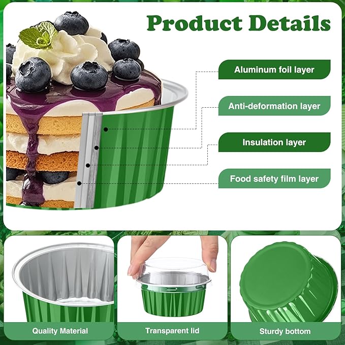 Gejoy 400 Pcs Aluminum Foil Baking Cups with Lids 5 oz Disposable Ramekins Mini Cake Pans Creme Brulee Cupcake Liners Muffin Tins Flan Mold Dessert Container for Wedding(Dark Green,Classic)