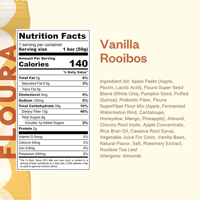 Floura Vanilla Rooibos Fruit-Forward Fiber Bars??High Fiber, Vegan, Gluten & Dairy Free, Low Calorie Healthy Snack Bars with Upcycled Produce for Gut Health [10 Pack]