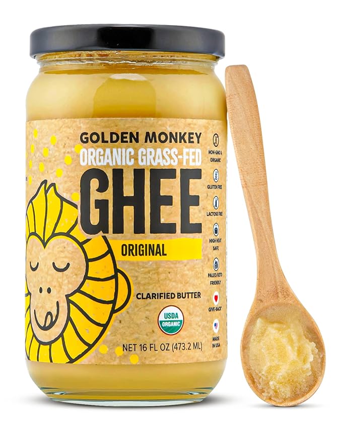 GOLDEN MONKEY Organic Ghee Butter ??Grass Fed Clarified Butter for Cooking, Baking, Keto & Gut Health ??Ghee Butter Organic Grass Fed from Small Farms ??Smooth Spread with High Smoke Point (16oz)