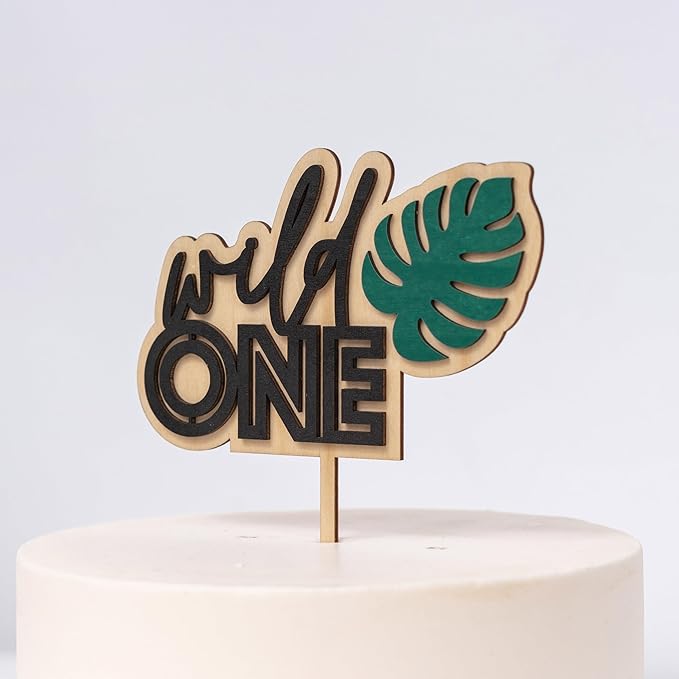 Wild ONE Wood Cake Topper - Birthday Tropical Wild One Theme Cake Decorations, First Birthday Party, Jungle Animal Safari Toddler Birthday Party Smash Cake 1st Birthday (WILD CAKE TOPPER)