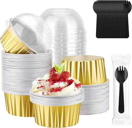 EUSOAR Gold Cupcake Liners and Sporks Disposable, 60pcs 5oz Disposable Aluminum Creme Brulee Muffin Ramekins with Lids，Foil Baking Cups with Lids for Picnic Wedding Birthday Party Family Gathering