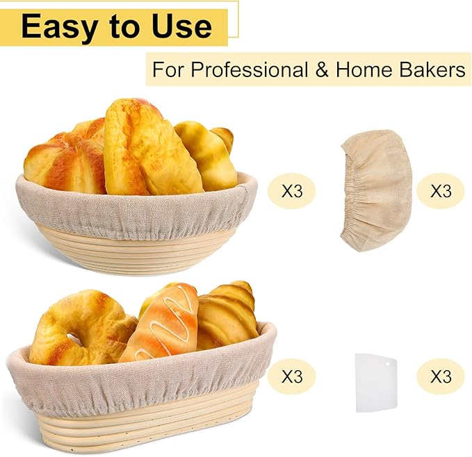 Geetery 6 Pack Bread Banneton Proofing Baskets 10 Inch Oval and 9 Inch Round Rattan Sourdough Baskets Dough Proofing Bowls with Liners and Dough Scraper for Home Sourdough Bread Baking Supplies