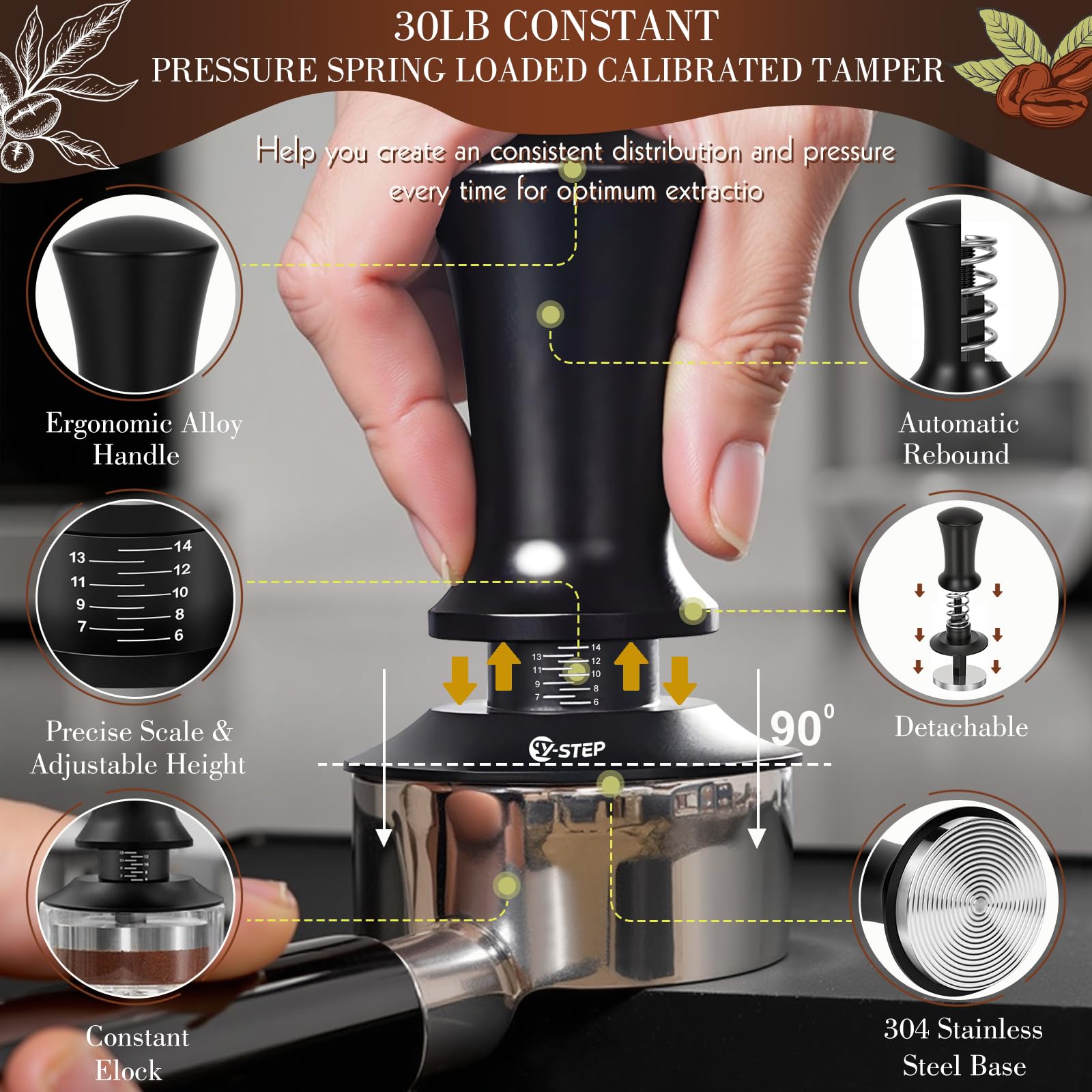 Y-Step 8 Pcs Espresso Accessories Kit, 51mm Espresso Tamper Kit Espresso Tools Barista Kit &