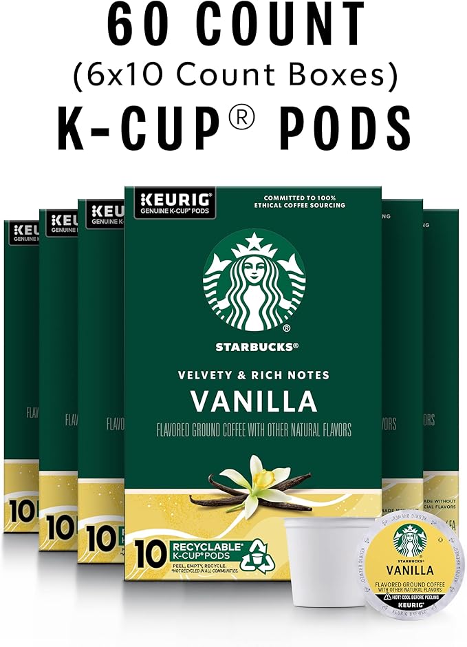 Starbucks K-Cup Coffee Pods, Vanilla Flavored Coffee, Naturally Flavored, 100% Arabica, 6 boxes (60 pods total)