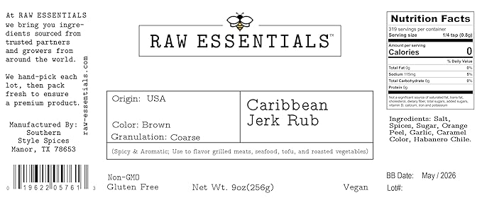 Raw Essentials Caribbean Jerk Rub ??Spicy & Aromatic ??Perfect on Grilled Meats, Seafood, Tofu & Roasted Vegetables ??Non-GMO, Gluten Free, Vegan - 9 Ounce Bottle