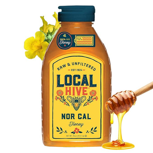 Local Hive North California Raw Unfiltered Honey – 16 oz, 100% Pure US Honey, Sourced from American Bees and Beekeepers - Natural Sweetener, Ideal for Tea, Baking, and Cooking