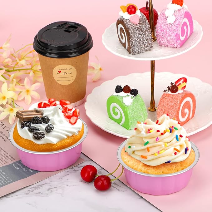 Beasea Disposable Baking Cups, 8oz 200 Pack Aluminum Ramekins Foil Baking Cups 3.9" Cupcake Aluminum Mini Baking Cups for Party - Cherry Blossoms Pink