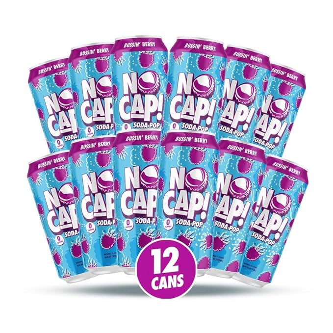 No Cap! Healthy Soda Pop Drinks, Zero Sugar, Zero Calorie, Natural Flavors, Caffeine Free, 16 Oz Cans, (12 Pack) Bussin' Berry