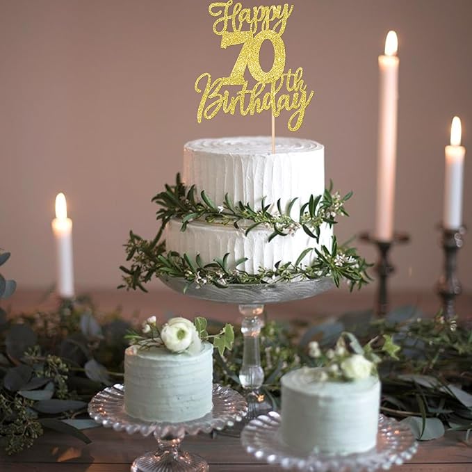 1 PCS Happy 70th Birthday Cake Topper Glitter Cheers to 70 Years Birthday Cake Pick Seventy Hello 70 Fabulous Cake Decoration for Happy 70th Birthday Anniversary Party Decorations Supplies Gold