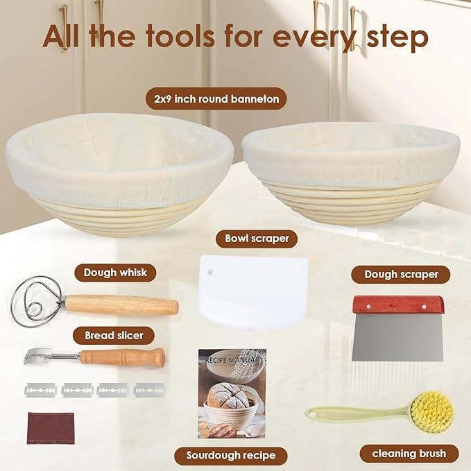 Natural Rattan Sourdough Banneton Basket Set of 2, 9 inch Round Bread Proofing Baskets with Whisk,Lame,Dough Scraper,Linen Liner and Brush, Perfect for Home or Professional Baking