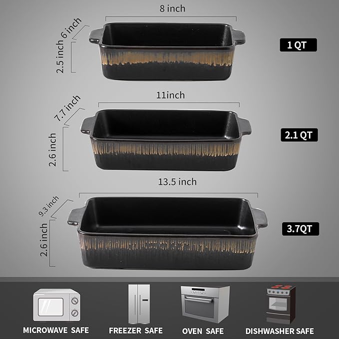 KOOV Bakeware Set, Ceramic Baking Dish, Rectangular Baking Pans Set, Casserole Dish for Cooking, Cake Dinner, Kitchen 9 x 13 Inches, 3-Piece, Stripe Series (Rough Black)