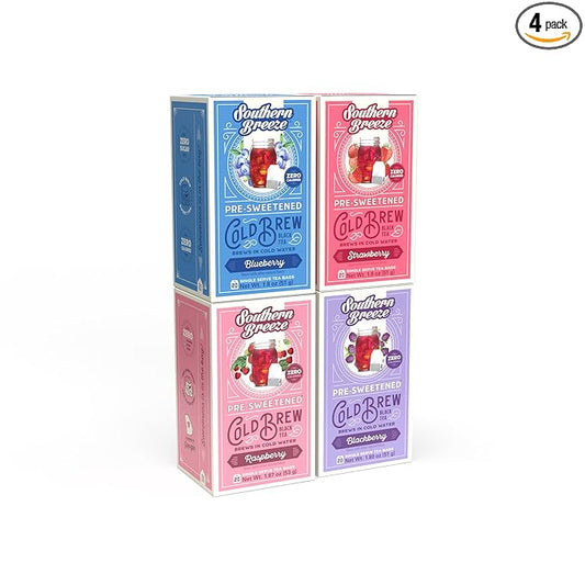Southern Breeze Berry Bundle Cold Brew Sweet Iced Tea with Black Tea and Zero Carbs Zero Sugar, 20 Individually Wrapped Tea Bags Pack of 4 (Raspberry, Strawberry, Blueberry and Blackberry)