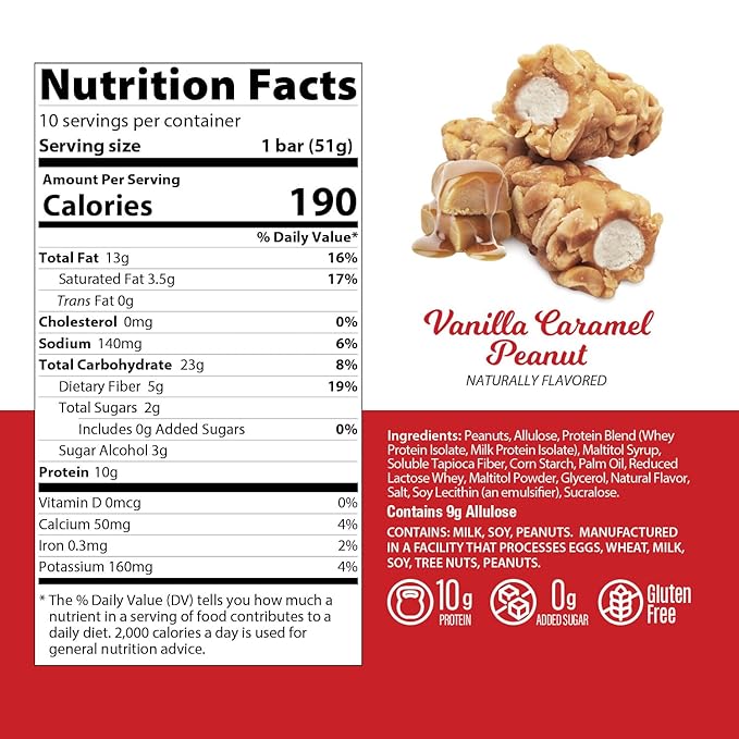 Genius Gourmet Nut Roll Bars Vanilla Caramel Peanut ??10g Protien, Zero Added Sugar, Gluten Free, Non-GMO ??Sweet Snack & Dessert for Adults and Kids ??10 Ct Box