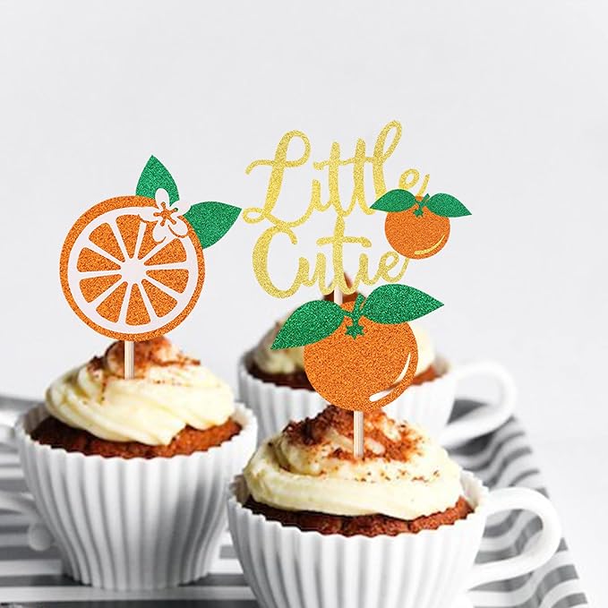 24 Pack Little Cutie Cupcake Toppers Glitter Orange Cupcake Picks for Citrus Theme Baby Shower Kids Birthday Party Tangerine Clementine Fruit Party Cake Decorations Supplies