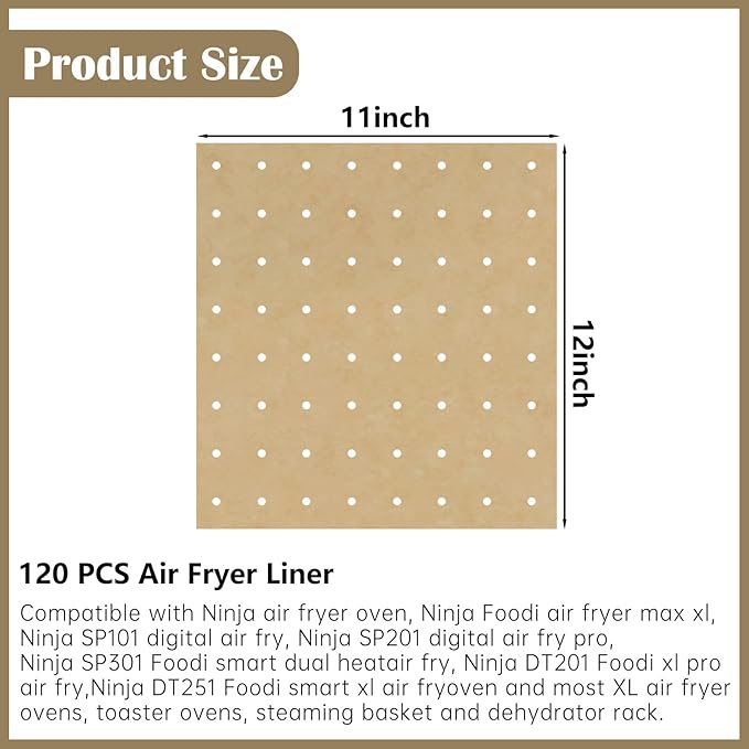 120 Sheets Air Fryer Oven Liners 11 x 12 Disposable Air Fryer Parchment Paper Liners Rectangle Non Stick Parchment Baking Paper Compatible with Ninja Foodi/Cuisinart/Breville/Emeril Lagasse/Gowise