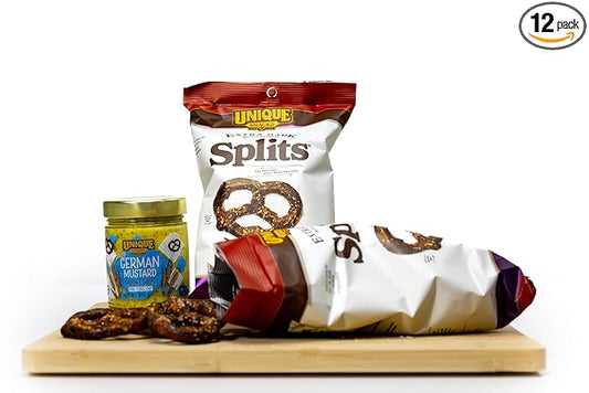 Unique Snacks Extra Dark Splits Pretzels, Original Split-Open Pretzels, Delicious Homestyle-Baked Snack Bag, Vegan, OU Kosher, and Non-GMO Food, No Artificial Flavor, 2.12 Oz. Bag, Pack of 12