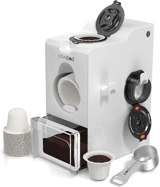 SavePod High-Performance Reusable Coffee Pods, Compatible with Keurig and K-Cup Coffee Machines, Easy to Use & Convenient ??Fits Most Brewers ??Includes Scoop, 2 Rings & 100 Paper Filters (White)