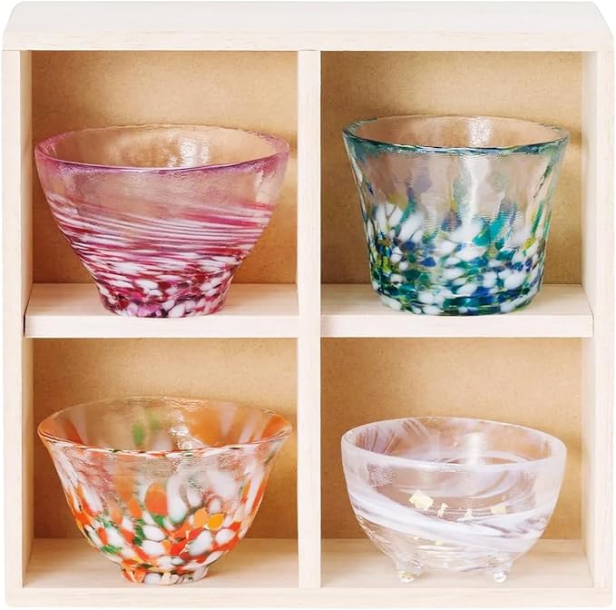 Japanese drinkware gift Handcrafted Mini Glass Set Elegant Japanese Sake Cups Perfect for Any Occasion Made in Japan (Four Seasons (4 pcs), Sake Glass (1.7-2.9 fl oz))