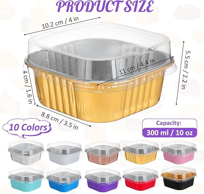 Aoriher 300 Pieces 10 oz Mini Cake Pans with Lids, Aluminum Foil Baking Cups, Square Disposable Cupcake Cups Baking Tins for Wedding Birthday Party Supplies(Colorful)