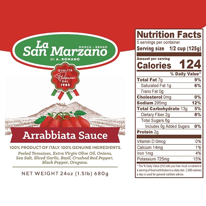 La San Marzano Arrabiata Sauce, 24 oz, Pasta Sauce Made in Italy, All Purpose Tomato Premium Quality, All Natural, Mediterranean Diet, Non GMO, Vegan, Gluten Free