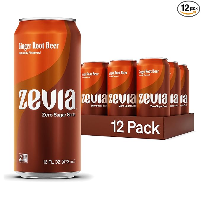 Zevia Zero Sugar Soda, Ginger Root Beer, 16 oz Cans (12-Pack) ??Naturally Sweetened, Non-GMO Project Verified, Gluten-Free, Vegan