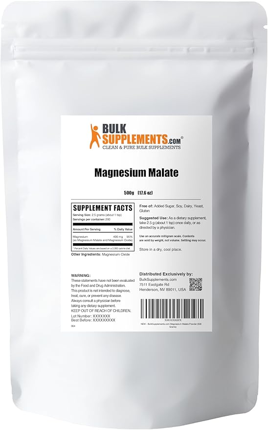 BulkSupplements.com Magnesium Malate Powder - Magnesium Supplements, High Bioavailabilty - Unflavored & Gluten Free, 2.5g per Serving, 500g (1.1 lbs) (Pack of 1)