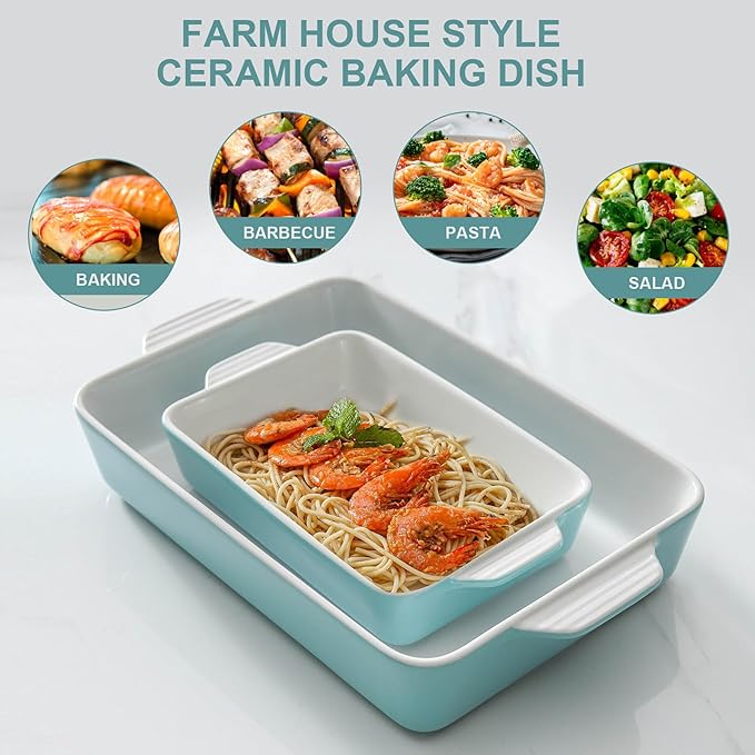 Ceramic Baking Casserole Dish with Handles, Large 9x13 inch Pan and Middle Baking Pan - Porcelain Serving Bakeware Set (Light Blue)