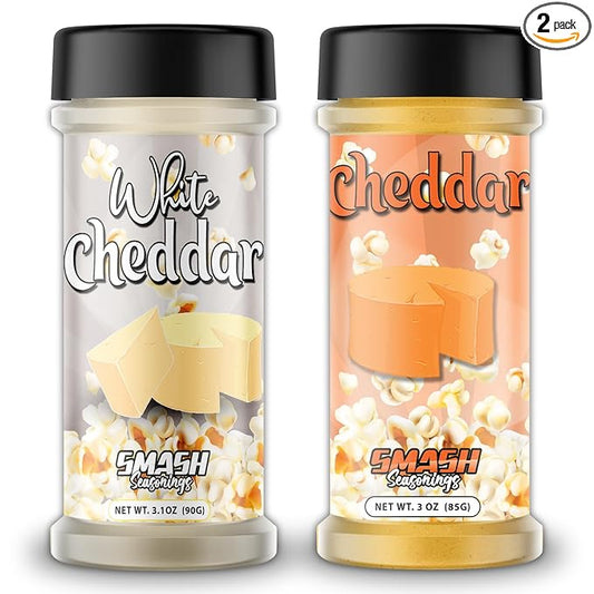 White Cheddar & Orange Cheddar Popcorn Seasoning Shaker ??2 Pack Bold Double Cheese Snack Blend ??Gourmet Sprinkle for Popcorn, Chips, Fries, Pasta, Vegetables, Baked Potatoes, Snacks, Party Bowls