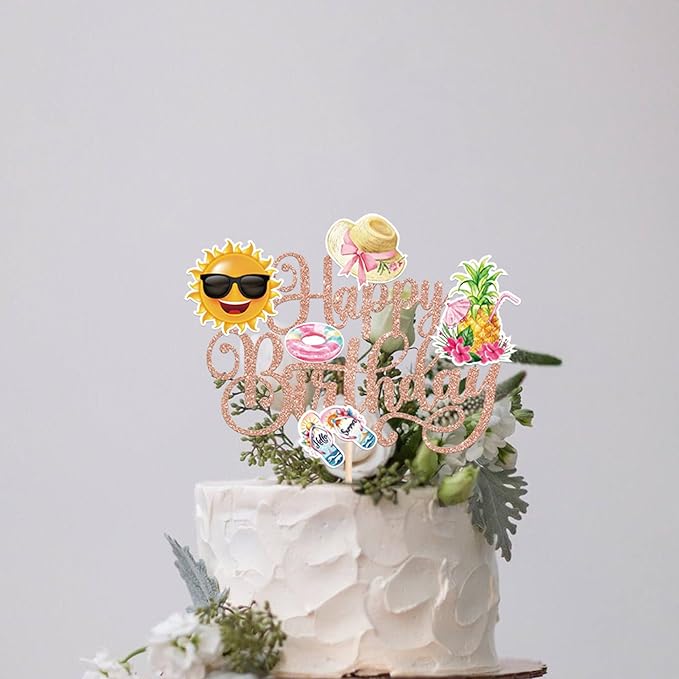 1 PCS Summer Beach Happy Birthday Cake Topper Glitter Sun Flip-Flops Pineapple Flatator Hat Cake Pick Pool Birthday Cake Decorations for Tropical Hawaiian Luau Baby Shower Party Supplies Rose Gold