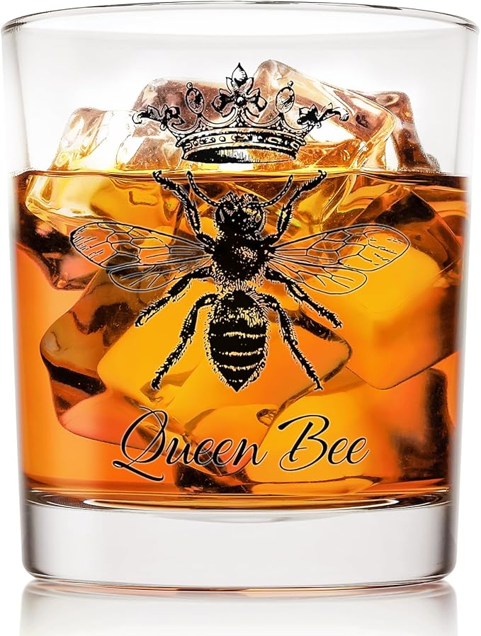 Voatok Vintage Queen Bee Whiskey Glasses 10 oz, Queen Bee Themed Gifts for Women Lovers, Old Fashioned Rocks Glasses for Women Drinking Scotch Bourbon Cocktail Liquor Vodka