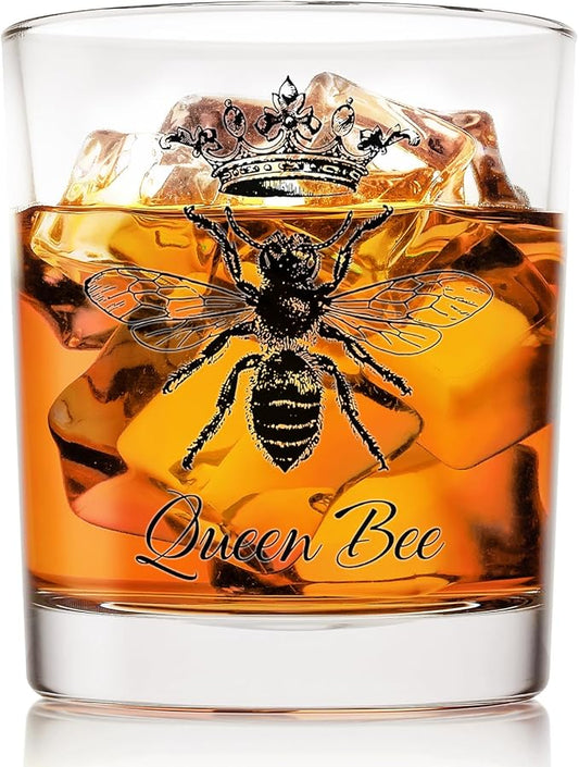 Voatok Vintage Queen Bee Whiskey Glasses 10 oz, Queen Bee Themed Gifts for Women Lovers, Old Fashioned Rocks Glasses for Women Drinking Scotch Bourbon Cocktail Liquor Vodka