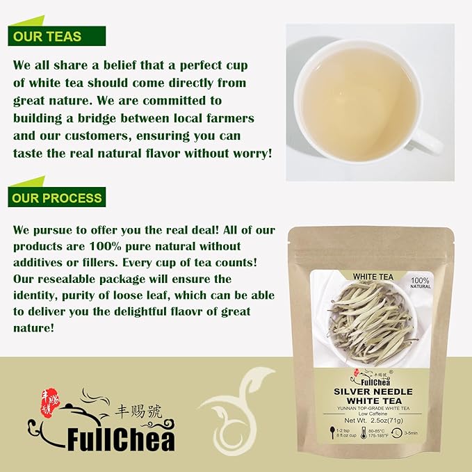 FullChea - White Tea Loose Leaf - Yunnan Silver Needle White Tea - Low Caffeine - Bai Hao Yin Zhen - Refreshing Woody Aroma - 2.5oz/71g