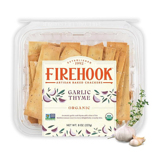 Firehook Garlic Thyme Crackers – Artisan Baked, Craveably Crunchy, Baked with Mediterranean Garlic & Thyme – Organic, Non-GMO, Kosher– 8 oz Box