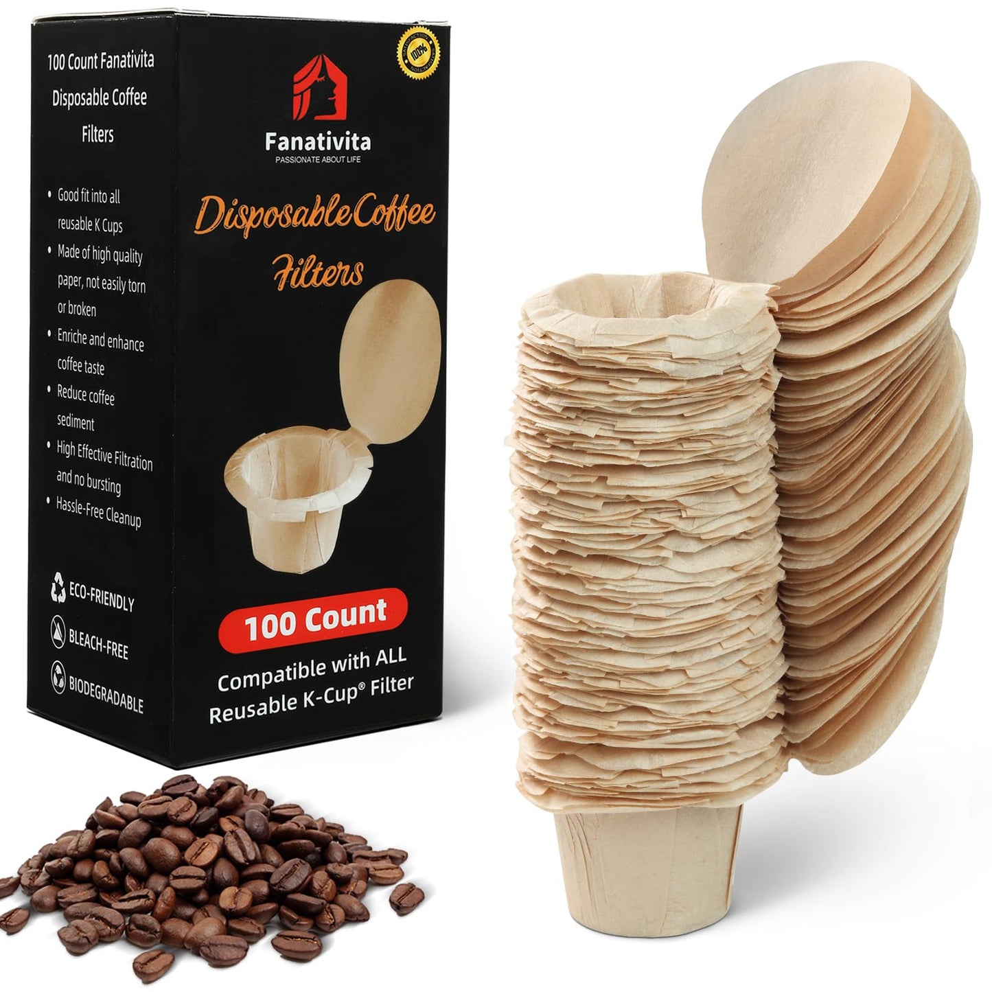 Fanativita 100ct K Cup Coffee Filters with Genius Lid, Unbleached