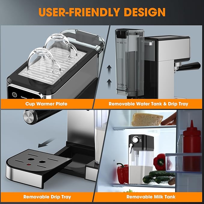TENKER Espresso Machine, 20 Bar Cappuccino Machine with Automatic Milk Frother, 3-in-1 Coffee Machine, 1350W Dual Boiler Latte Maker, Touchscreen Espresso Coffee Maker, Stainless Steel