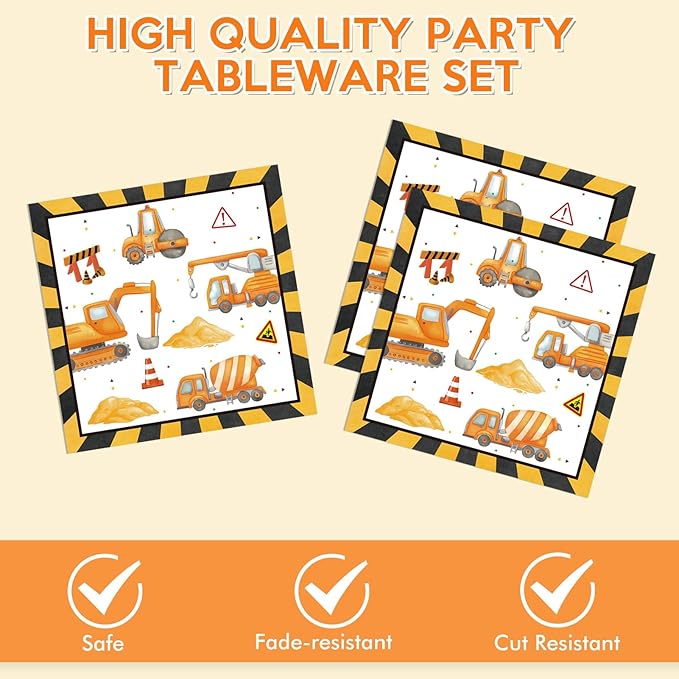 40Pcs Construction Plates and Napkins Set Construction Birthday Decorations Disposable Tableware Paper Plates and Napkins, for Toddler Kids Boys Dump Digger Tractor Excavator Birthday Decor, Serves 20
