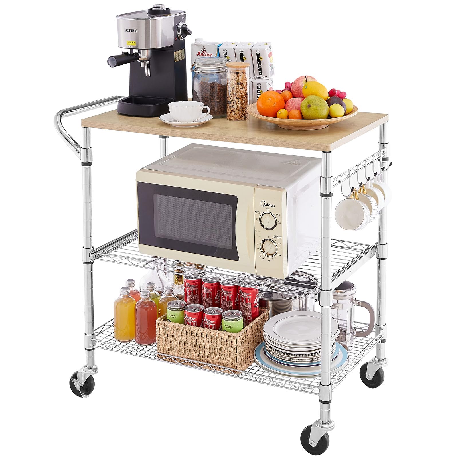 3 Tier Rolling Kitchen Cart with Wood Tabletop, Kitchen Island Carts with Wheels & Slider Shelf