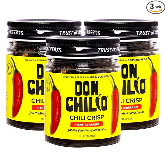 Don Chilio Medium Heat Serrano Mexican Chile Crisp, 5 oz, 3 Pack ??Crunchy Sliced Serrano Fried Chili Peppers in Hot Seasoned 100% Olive Oil ??Keto-Friendly, Vegan, Gluten Free
